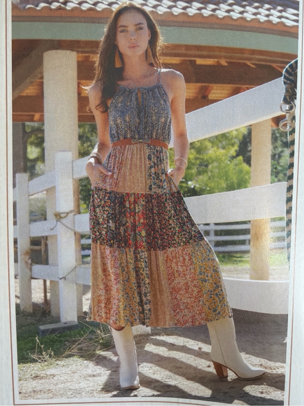 Young Threads Embroidered Denim Halter Patchwork Midi Dress Latte L NWT